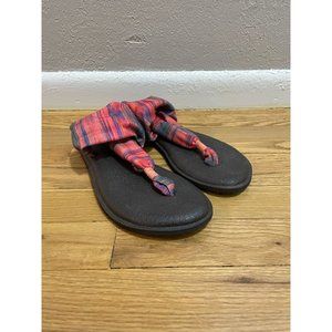 Sanuk‎ Yoga Sling 2 Pink Stripped Sunset Flip Flop, Brown soles, Women's 9